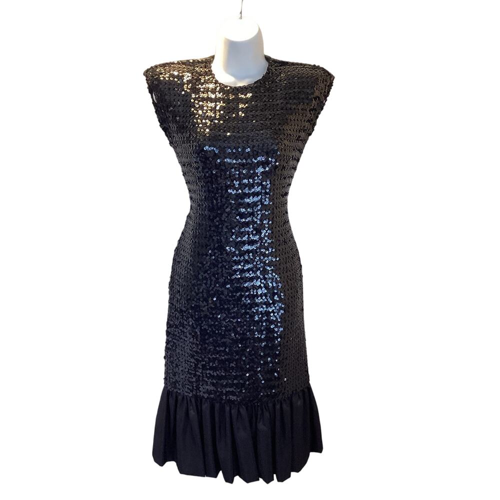 Black Sequins Open Back Ruffle Hem Evening Formal Dress 4 Structured Shoulders